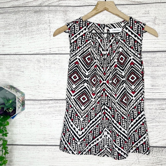 Calvin Klein Black & Red Geometric Sleeveless Blouse Top Size PS Petite Small - Picture 1 of 8
